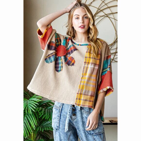 Oli & Hali Tops - Oli & Hali Washed Daisy Patch Short Sleeve Tan Cotton Boho Top